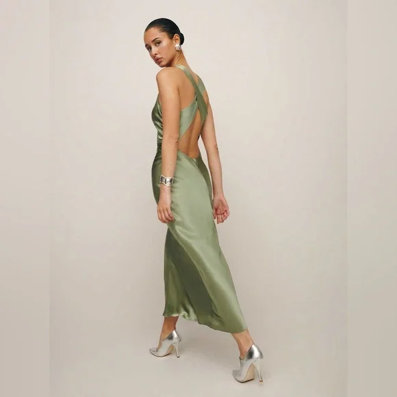 Reformation Casette Silk Maxi Dress in Artichoke Green - Picture 4 of 9
